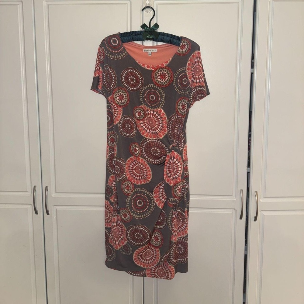 Robbie Bee Grey Coral Medallion Print Short Sleeve Faux Wrap Midi Dress Med EUC